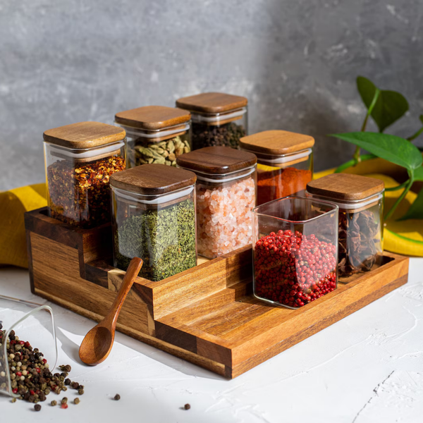 Square acacia spice jars set with wooden lids, perfect for home organisation, kitchen storage solutions, and stylish pantry storage.