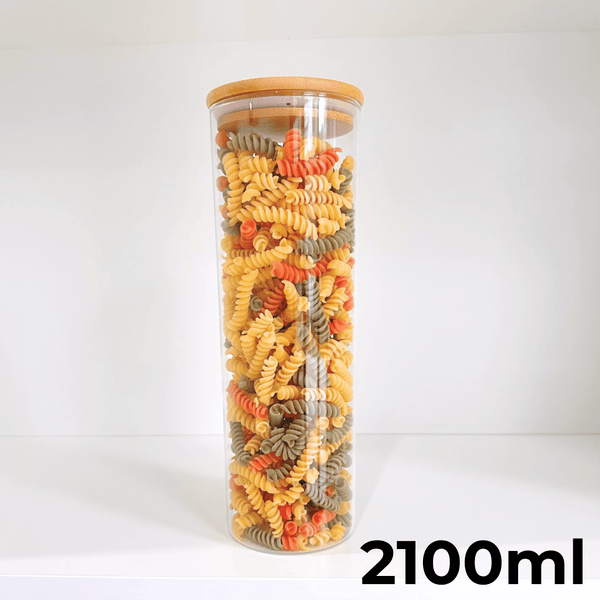 2100ml round glass pantry jar with bamboo lid holding colorful pasta, ideal kitchen storage organiser.