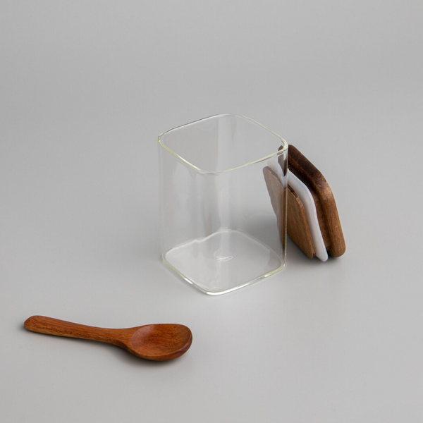 Square acacia spice jar with lid and wooden spoon, ideal for kitchen storage and home organization, stylish space-saving solution