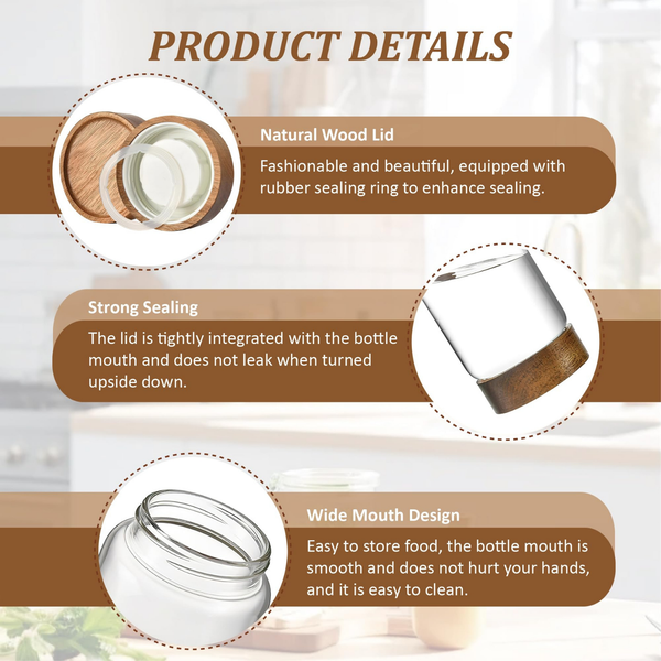 1750ml acacia glass jar details including natural wood lid, strong sealing, wide mouth design; ideal for kitchen storage solutions.