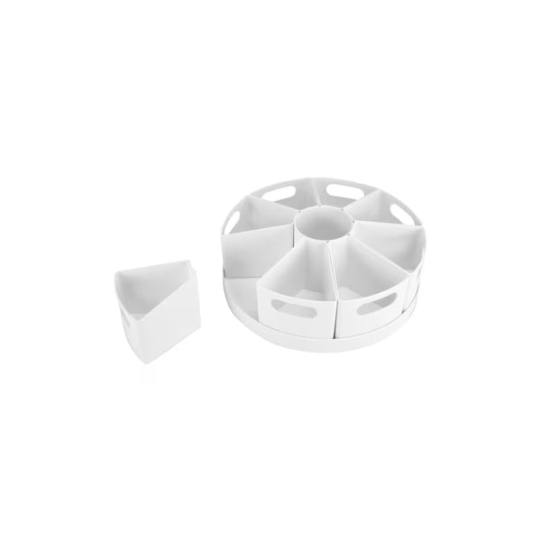 White 10-piece rotating desk organiser for efficient office storage and space-saving.