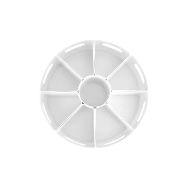 White rotating desk organiser, 10 compartments, ideal for storing stationery, kitchen or pantry.