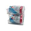 Transparent storage organiser holding drink cans for a space-saving fridge solution.