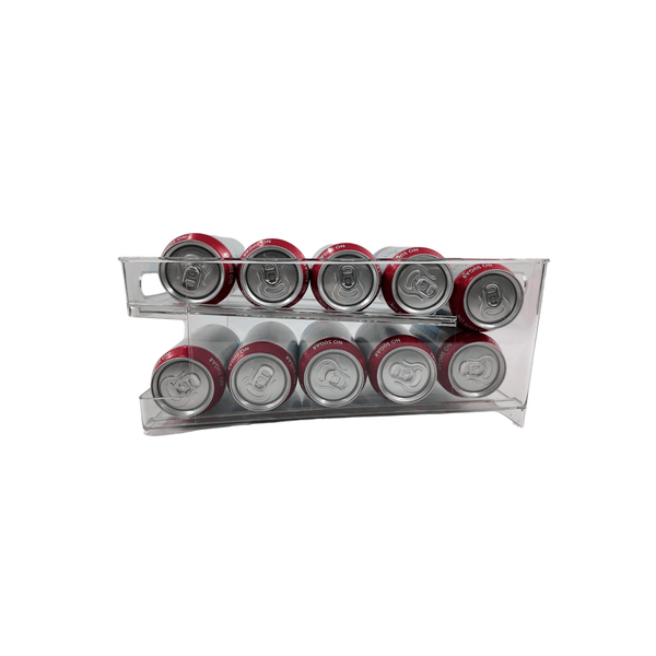Spin & Store drink can organiser, clear plastic, perfect for fridge or pantry storage.