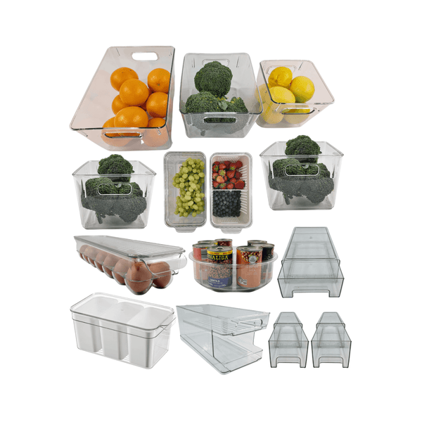14-piece fridge organisation starter pack with transparent storage organisers for fruits and vegetables.