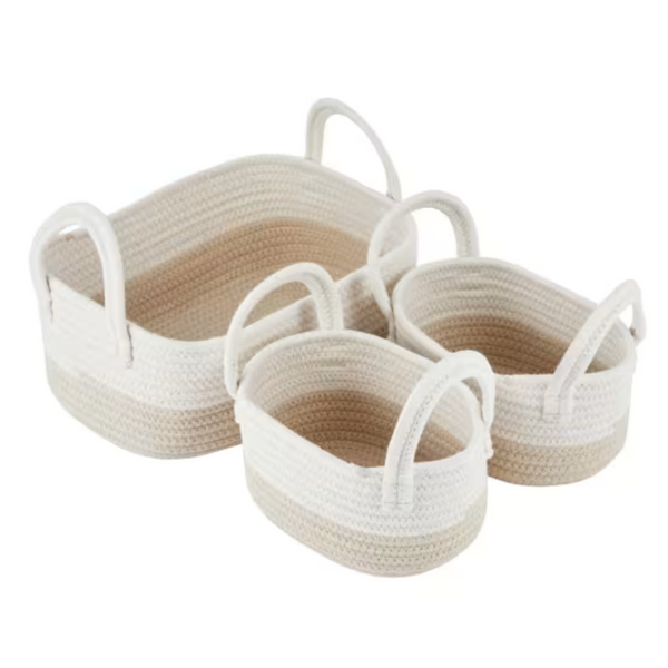 Beige storage baskets - 3 Pack, perfect for baby essentials, toys, or clothes. Stylish woven-look design, nests for easy storage.