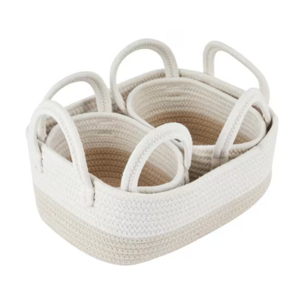 Beige storage baskets - 3 Pack of woven baskets for baby essentials, clothes, or toys; nest inside each other for space-saving convenience.