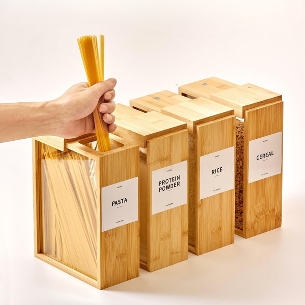 Bamboo food dispensers for pasta, protein, rice, cereal; ideal for kitchen storage and pantry organization; stylish, space-saving solution.