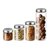 Set of glass storage jars with clear stainless lids, ideal for kitchen and pantry organization. Perfect for stylish and space-saving storage solutions.