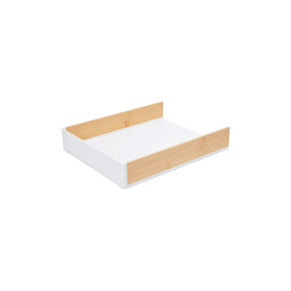 White bamboo and plastic desk tray for organised workspace storage and space-saving solution.