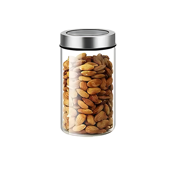 Glass storage jar 750ml with clear stainless lid, ideal for kitchen and pantry organization; stylish, space-saving home storage solution.