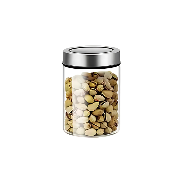 Glass storage jar with stainless lid, 550ml capacity, perfect for kitchen and pantry organisation and stylish home storage solutions.