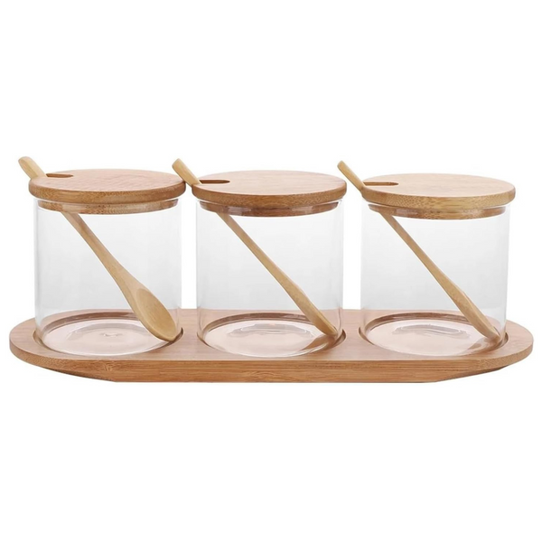 Round Bamboo Trio Glass Jar Set for stylish kitchen storage and organisation, ideal for pantry, bathroom, or laundry space-saving solutions.