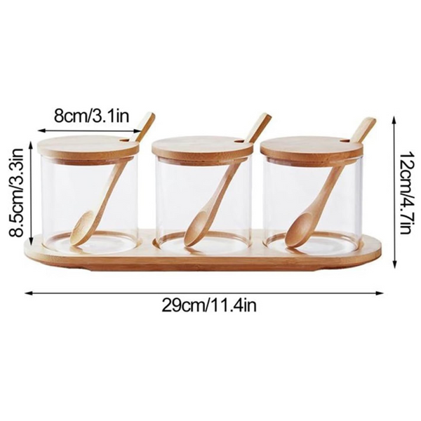 Round bamboo trio glass jar set with spoons on a tray, perfect for kitchen and bathroom organisation, stylish and functional storage.