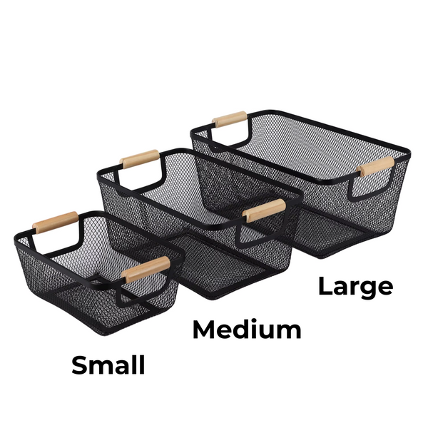 Three black mesh storage baskets with wooden handles in small, medium, and large sizes, ideal for kitchen and pantry organisation.