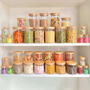 Round Bamboo Glass Pantry Container Set – 35 Pack for pantry organisation, showcasing colourful storage of dry foods and snacks.