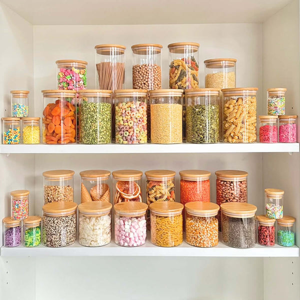 Round glass storage jars with bamboo lids, ideal for pantry organization.