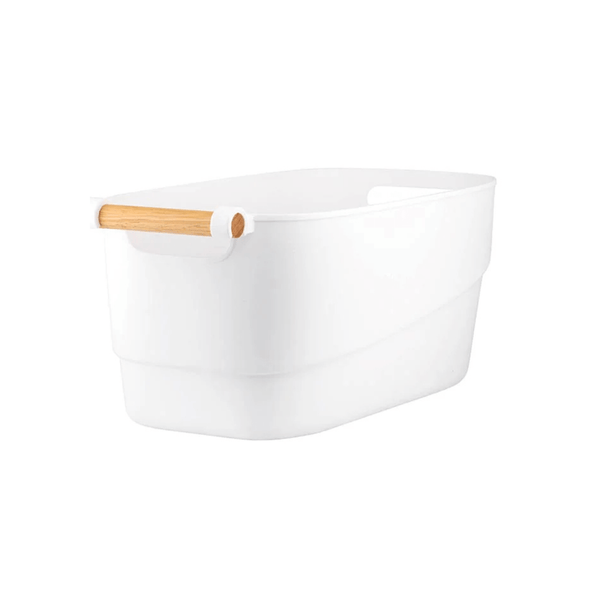 Large white storage tub with wooden handle, ideal for kitchen baskets or laundry tubs.