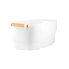 Medium White Storage Tub with Wooden Handle for efficient kitchen organisation; perfect for pantry or under sink storage.