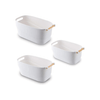 Medium white storage tubs with wooden handles, ideal for pantry and laundry organization.