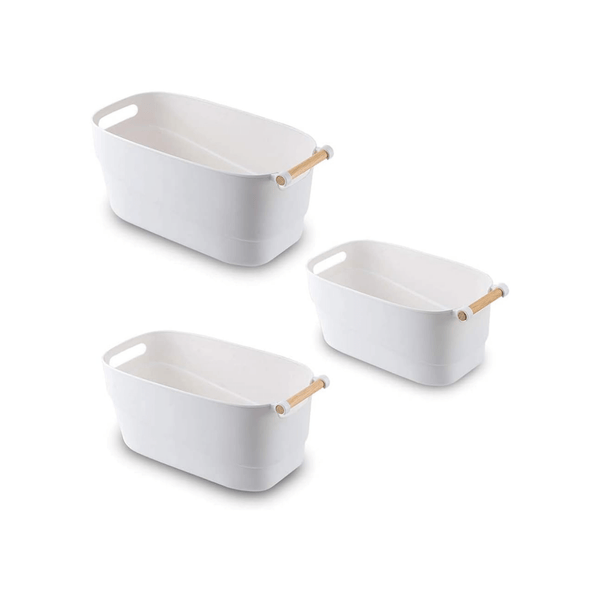 Set of three white storage tubs with wooden handles, ideal for kitchen or laundry use.