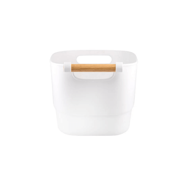 Medium white storage tub with wooden handle, ideal for kitchen or bathroom organization.