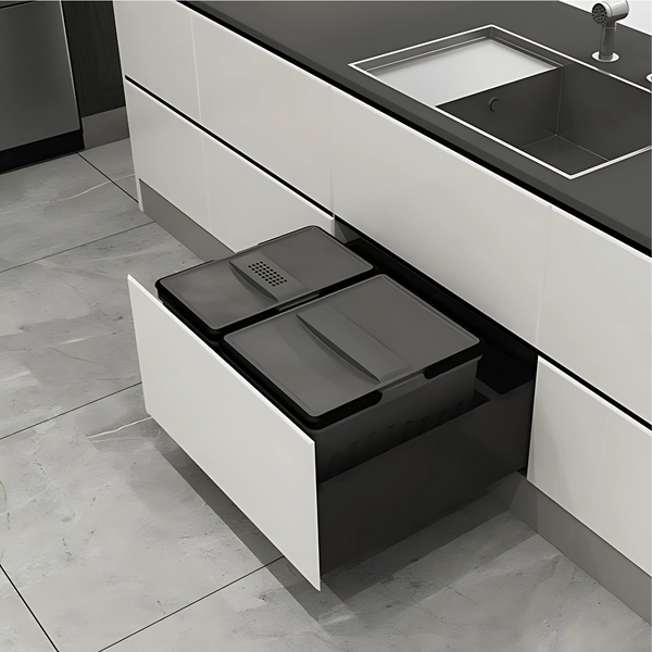 35L kitchen bin compatible with Blum, fits 600mm cabinet, black sleek design for efficient home organisation and space-saving solutions.