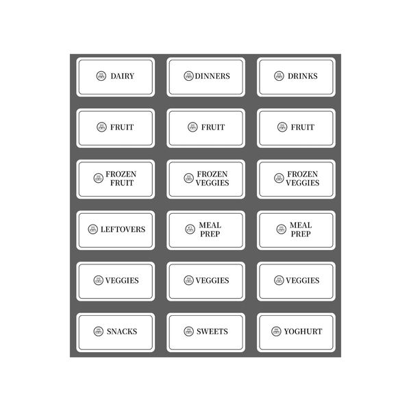 Fridge and freezer organization stickers for pantry jars and kitchen baskets.