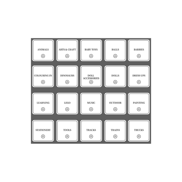 Square toy room organization stickers for storage bins and pantry jars, 36 pack.