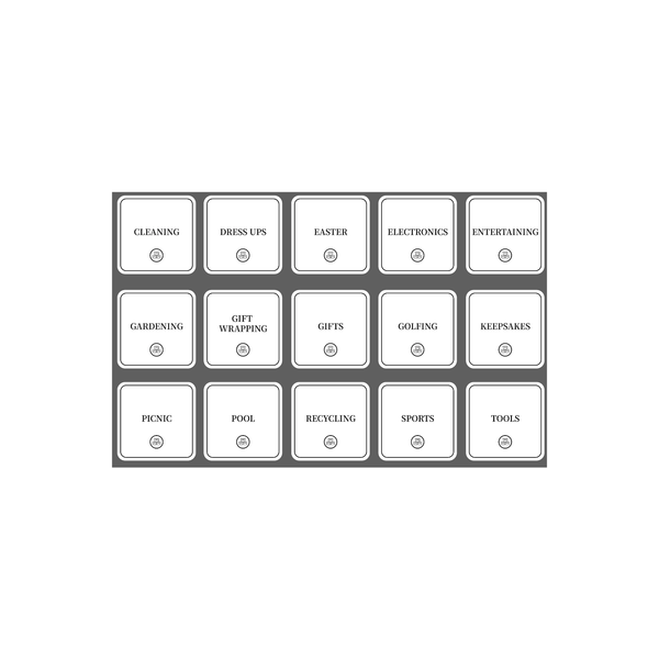 Garage Organisation Stickers – 32 Label Pack – Square, perfect for sorting items in garage, improving pantry and kitchen organisation.