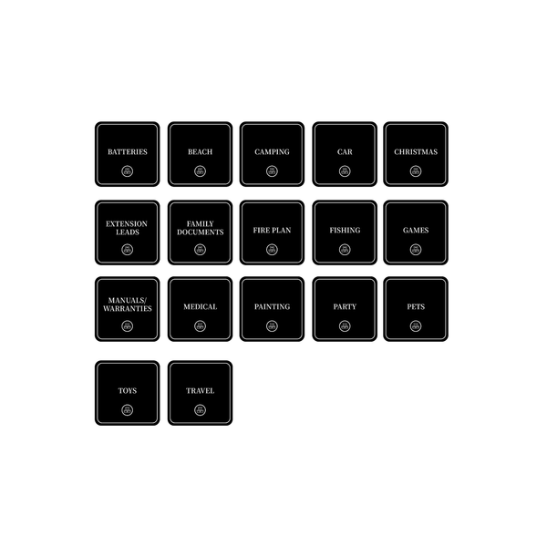 Square garage organisation stickers, 32 label pack for storage organiser use in garage or home.