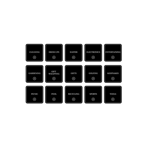 Square garage organization stickers for storage, ideal for pantry jars, fridge containers, kitchen baskets.