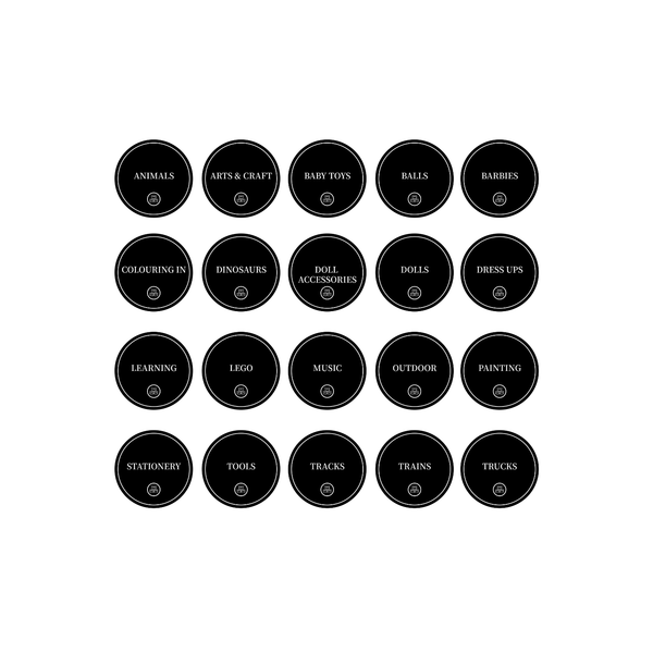 Round toy room organisational stickers, 36-pack for storage organisers, pantry jars, and more.