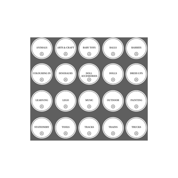 Round toy room organisation stickers, 36 pack, labeled for storage organisers, enhancing space-saving solutions.