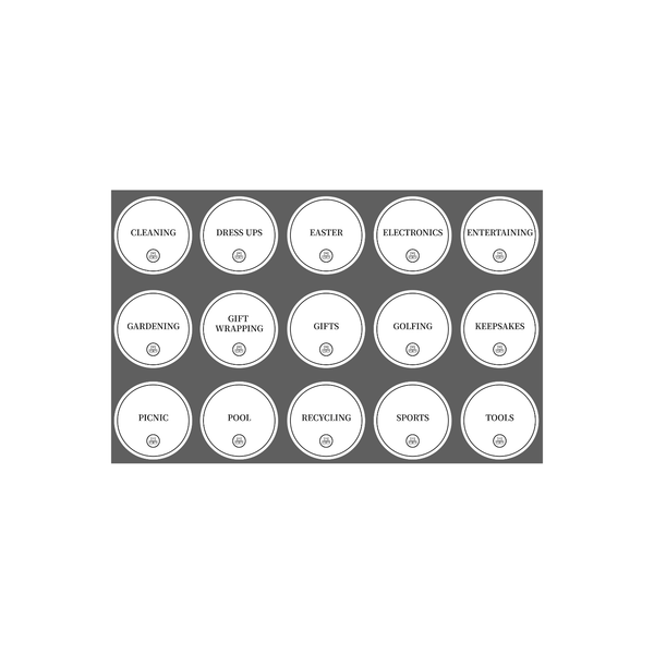 Round garage organisation stickers labeled for storage solutions in various areas like pantry and kitchen.