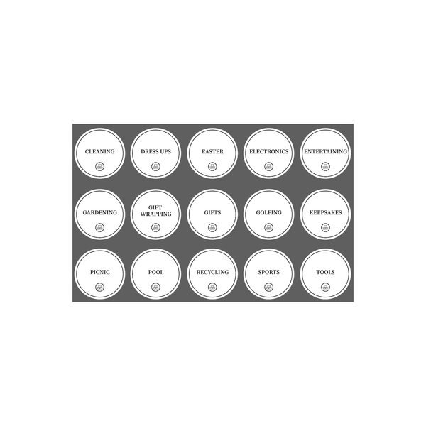 Garage Organisation Stickers – 32 Label Pack – Round, perfect for categorising storage in the garage, enhancing pantry organisation.