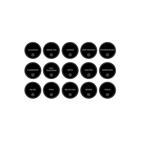 Round garage organisation stickers for efficient storage in pantry, fridge, and laundry.