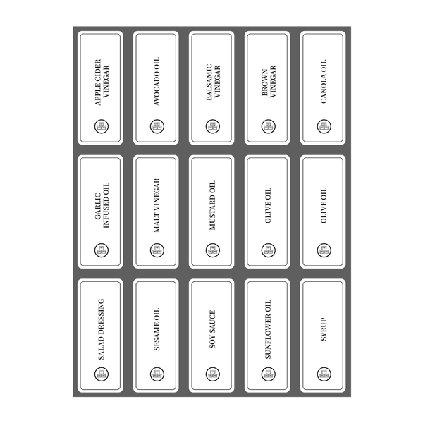 Oil Sticker Set – 28 Labels for Pantry Bottles displayed for kitchen organisation and storage.