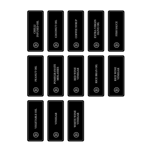 Black rectangle oil sticker set for kitchen pantry jars and fridge containers.