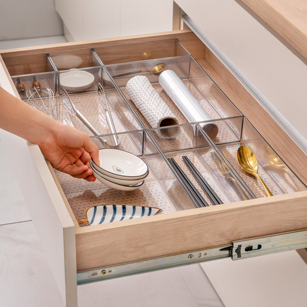 Small Clear Drawer Organisers in kitchen storing utensils and small bowls, ideal for enhancing pantry and drawer organisation.