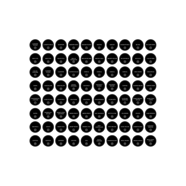 Round pantry sticker set for jars and kitchen baskets, 156 labels for storage organisation.