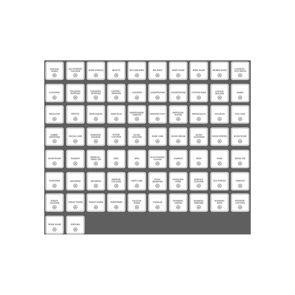 Vinyl sticker set with 72 labels for bathroom and laundry organization on storage containers.