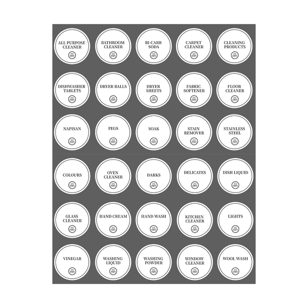 Round laundry and cleaning stickers set for organizing pantry jars, fridge, laundry tubs.