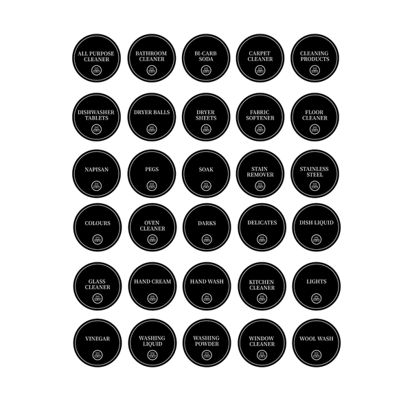Round laundry and cleaning stickers set, 30 labels for jars, tubs, and baskets storage organizing.