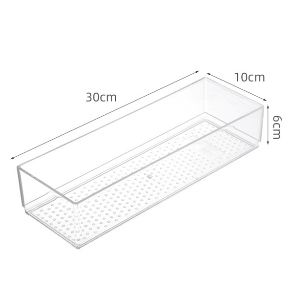 Large Clear Drawer Organisers, ideal for kitchen storage, featuring a 30cm by 10cm size for effective pantry organisation.