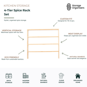 4-tier bamboo spice rack set with 24 glass herb and spice jars, designed for stylish kitchen and pantry organisation. Vertical spice storage rack maximises bench and shelf space while keeping seasonings neatly displayed and easy to access. Includes a sustainable bamboo stand custom-fitted for spice jars, creating a clean, organised, and modern kitchen storage solution.