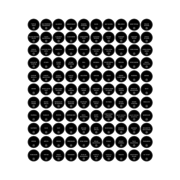 Kitchen pantry jar labels for home organisation, featuring various spice and ingredient names for efficient pantry storage in Australia.