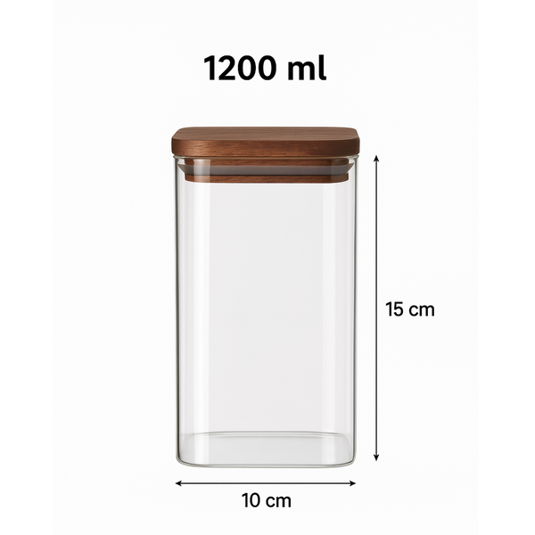 Square Acacia Lid Glass Jars – 5 Sizes, 1200ml. Ideal for pantry storage, bamboo jars for home organisation, fridge tubs, and laundry storage.