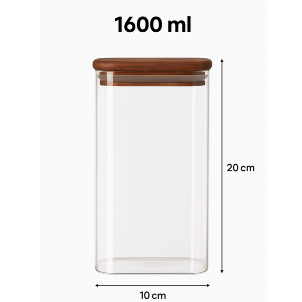 Square Acacia Lid Glass Jars – 5 Sizes for pantry storage, bamboo jars ideal for home organisation, 1600ml capacity.