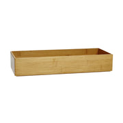 A rectangular bamboo storage box with a light natural wood grain finish, shown from a three-quarters angle on a solid white background.
